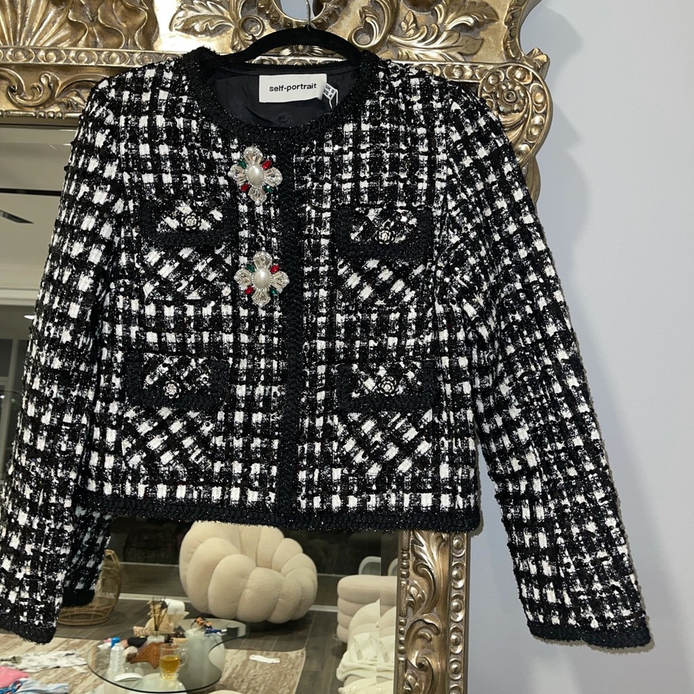 $600 SELF PORTRAIT Black
check-pattern bouclé jacket sequined EMBELLISHED JACKET